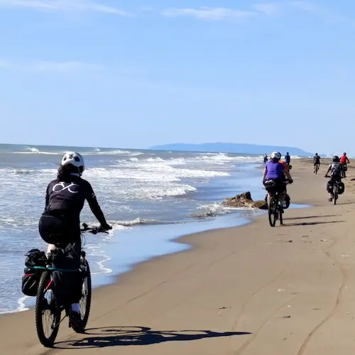 Ciclistas pedaleando por el Delta del Ebro con Rodando en verde